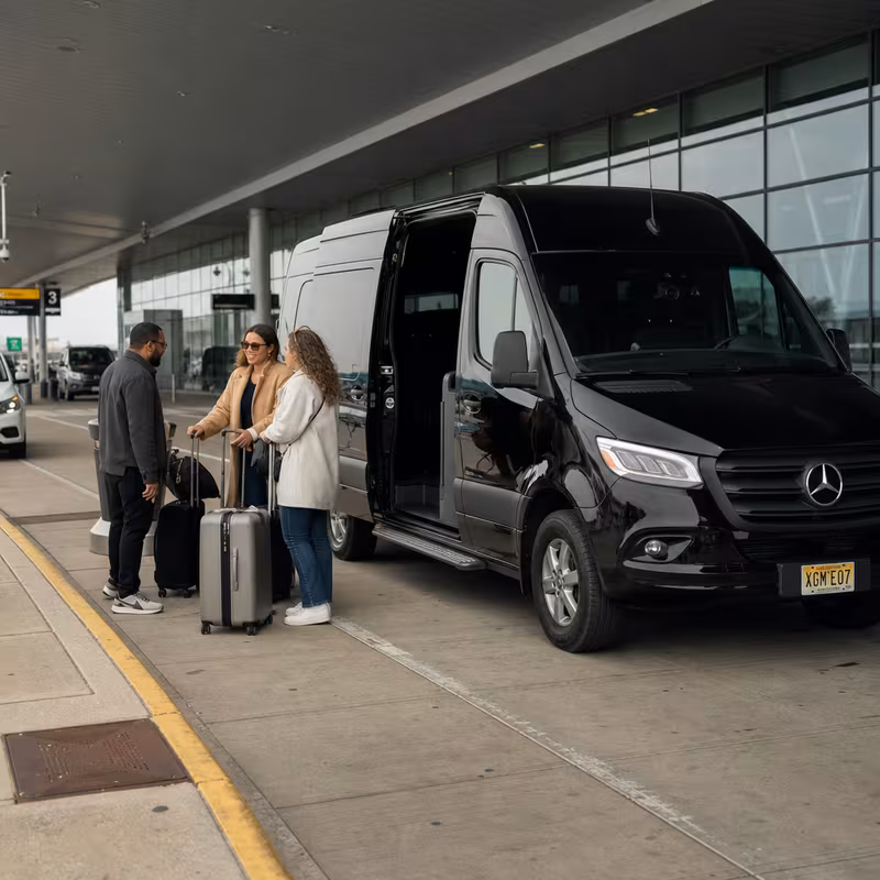 Group boarding a white charter bus for Airport Transportation transportation in Trenton