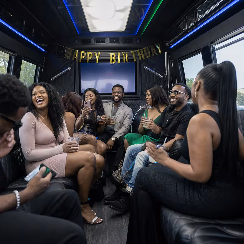 Black Mercedes Sprinter van staged for an Trenton Birthday Transportation group