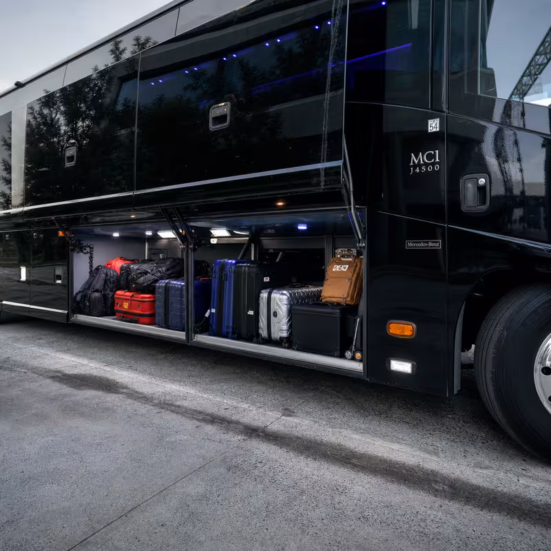 Party bus interior with wraparound leather seating and LED lighting in Trenton